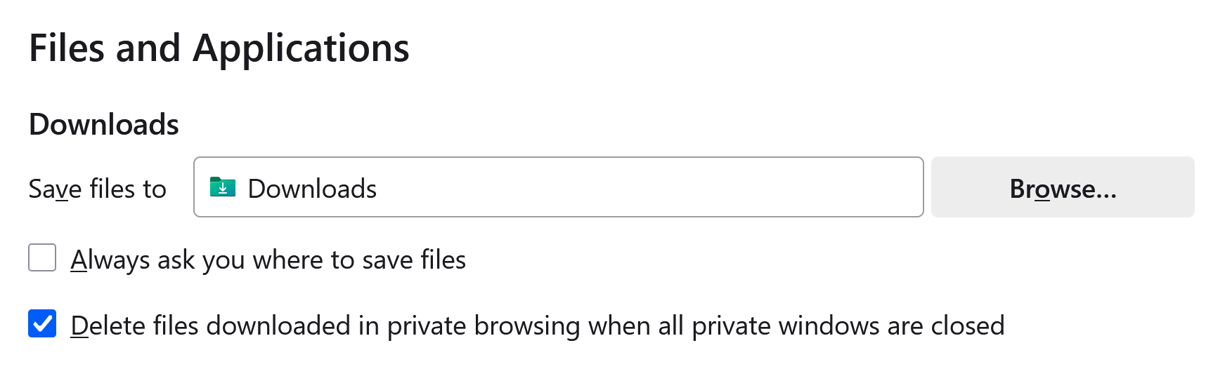 螢幕截圖：設定中「刪除隱私瀏覽模式中下載的檔案」的選項